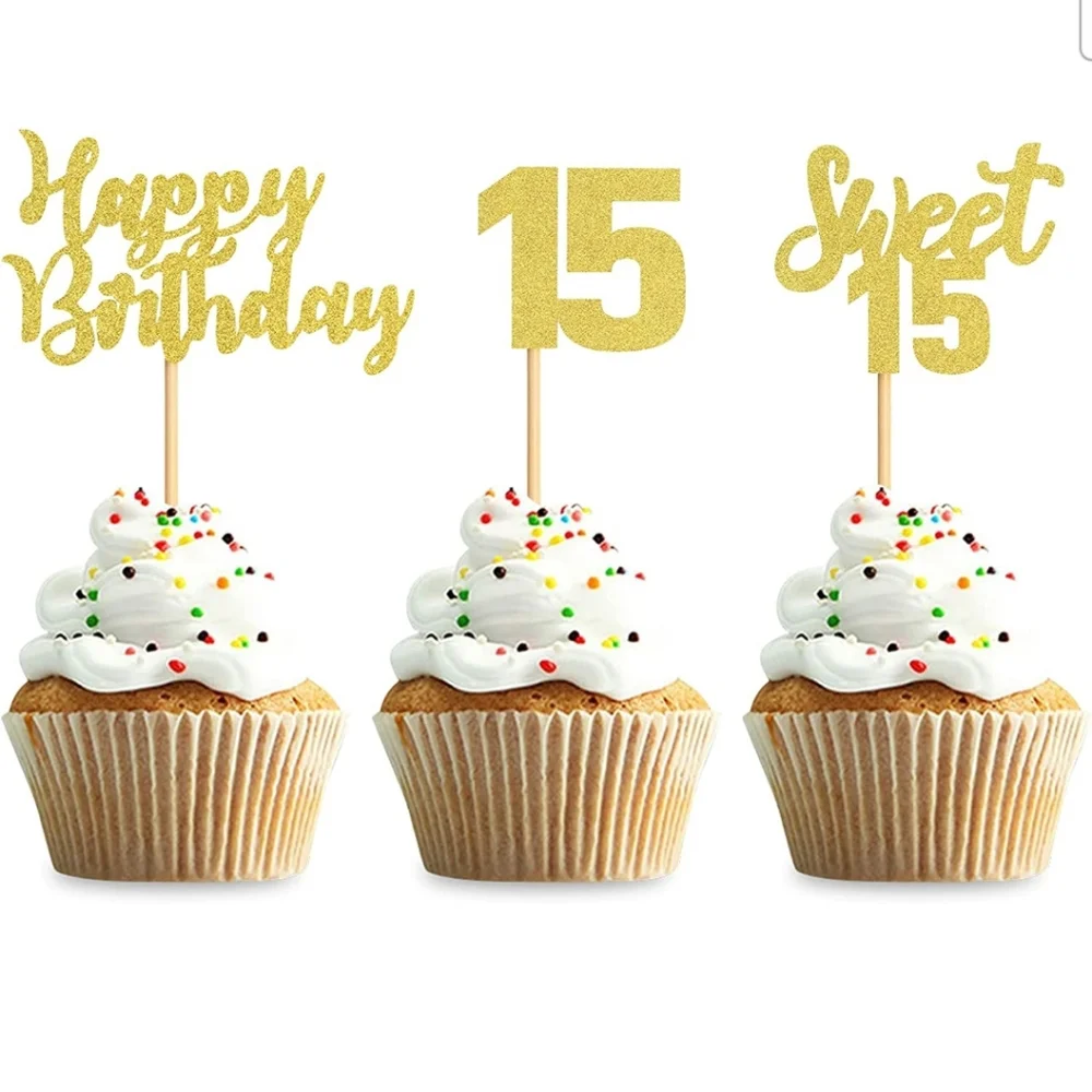 36 Pack Gold 15th Birthday Cupcake Toppers/Decorations